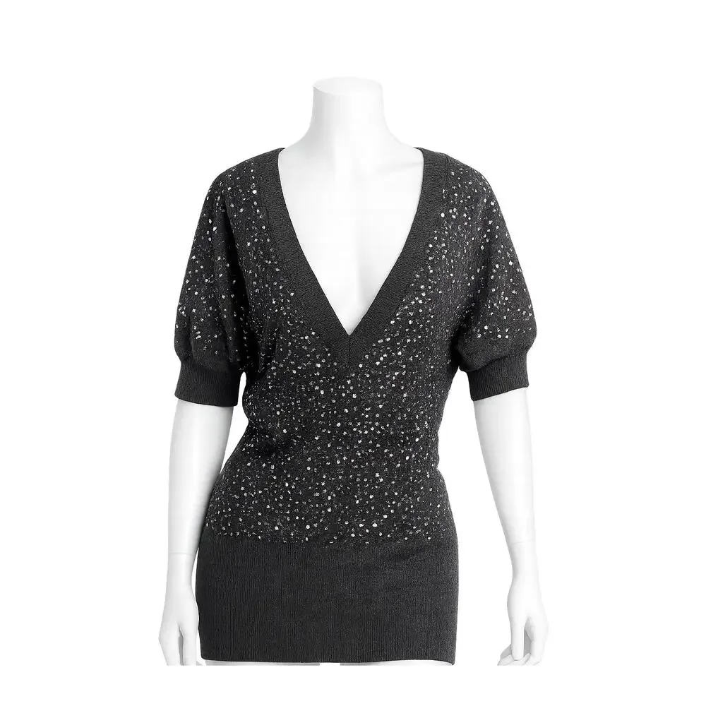 BCBGMAXAZRIA Sequin Short Sleeve Sweater – Charcoal Gray – Size M